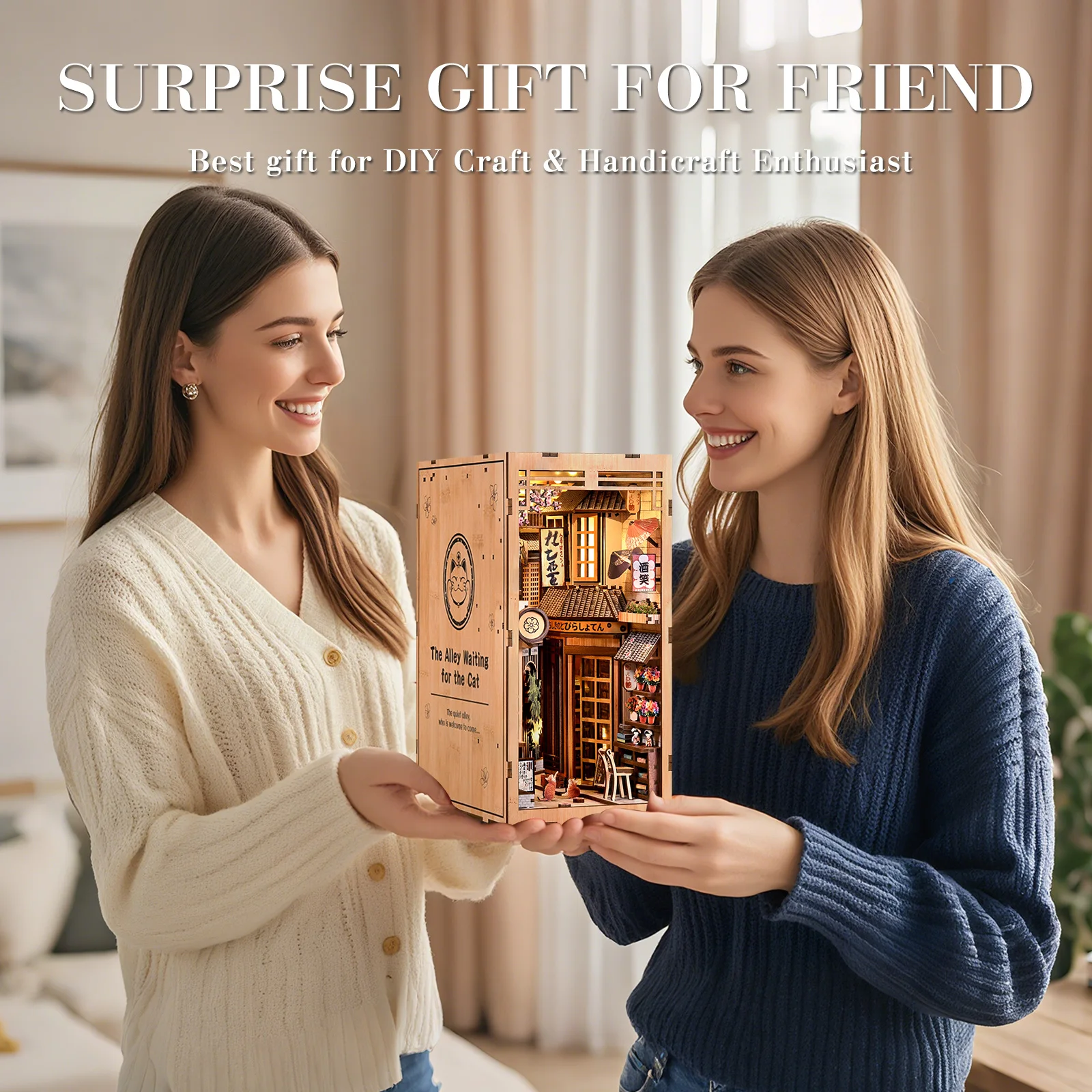 Diy Wooden The Alley Waiting For The Cat Book Nook Shelf Insert Kits Miniature Model Kit Japanese Bookend For Friends Gifts