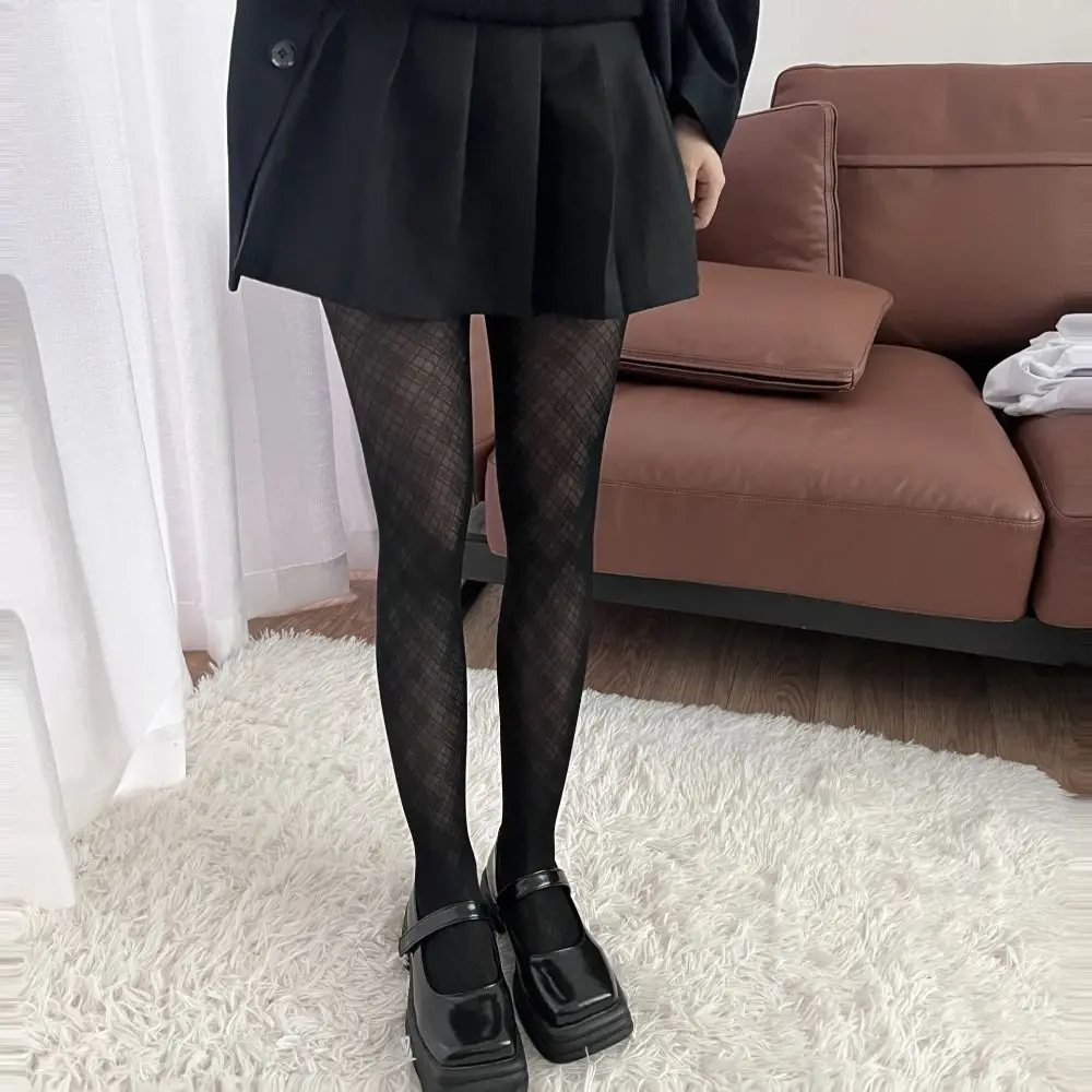 Fashion Leggings Plaid Pantyhose Black Korean Style Rhombus Lattice Stockings Solid Color Harajuku Mesh Stockings Women