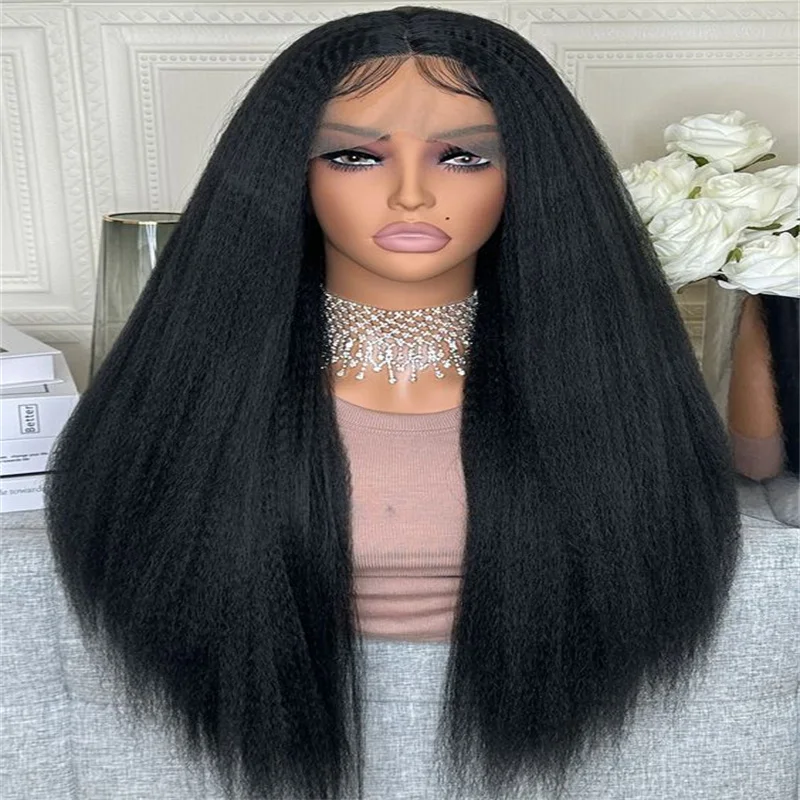 

Natural Black Long 30Inch Kinky Straight Lace Front Wig With Mached All Skins With Baby Hair Synthetic Preplucked Glueless Daily