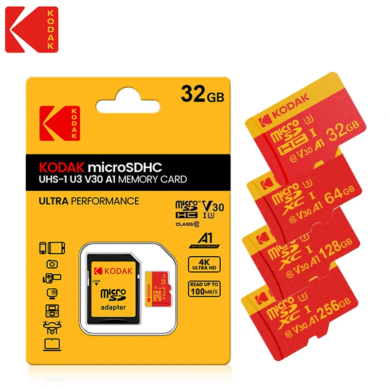 Original KODAK 32GB 64GB 128GB 256GB Micro SD Card U3 V30 High Speed TF Memory Card for Phone Tablet Action Cam with Adapter