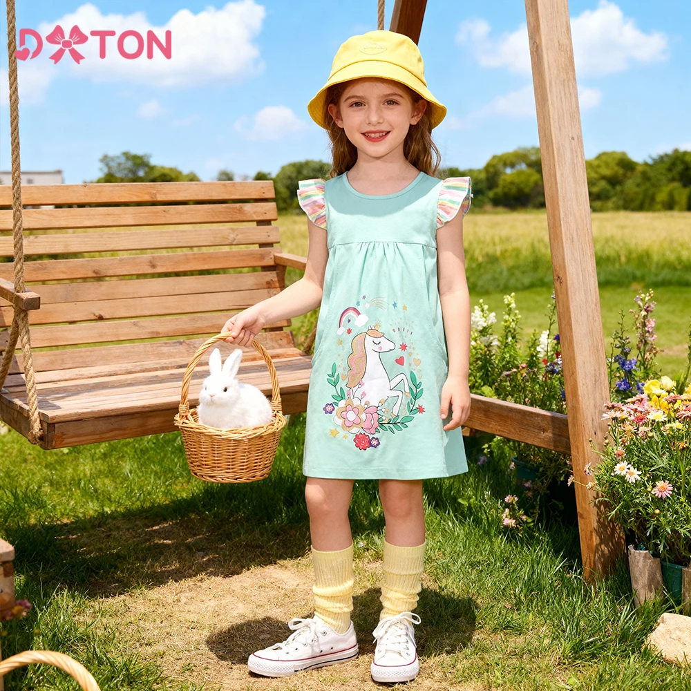 

DXTON Baby Girls Ruffles Sleeveless Dress Floral Plants Summer Holiday Kids Clothing Licorne Children Casual Dress With Pocket