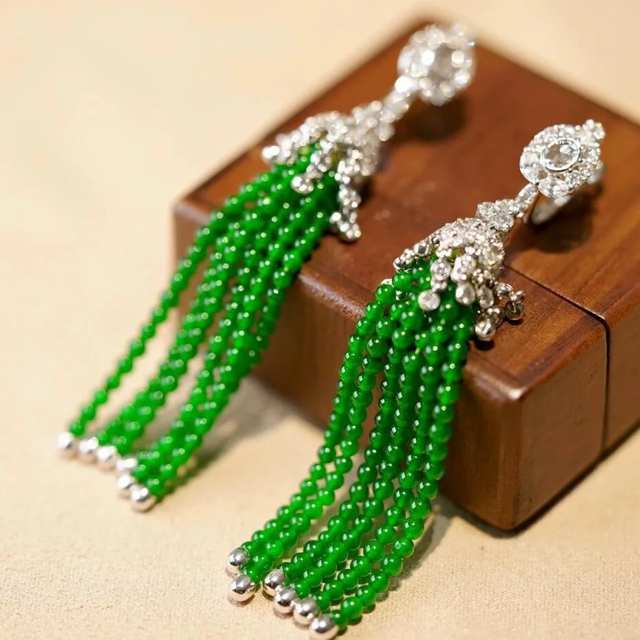Gorgeous Luxury Jewelry Platinum Vivid Emerald Green Jadeite Beaded Ear Hoop Circle Jade Multi-layer Buckle Drop Dangle Earring