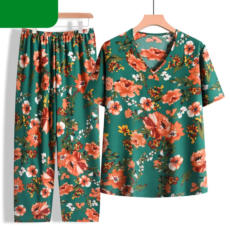 Women Pajama Set Vintage Printing Cotton Sleepwear Pyjamas Female Short Sleeve Trousers Sets Middle Aged Mother Home Suit 4XL