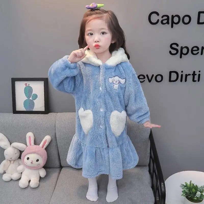 Cinnamoroll Children's Pajamas Night-Robe Girls Winter Kids Loungewear Pajama Kawaii Anime Blue Child Hooded Warm Sleepwear Robe