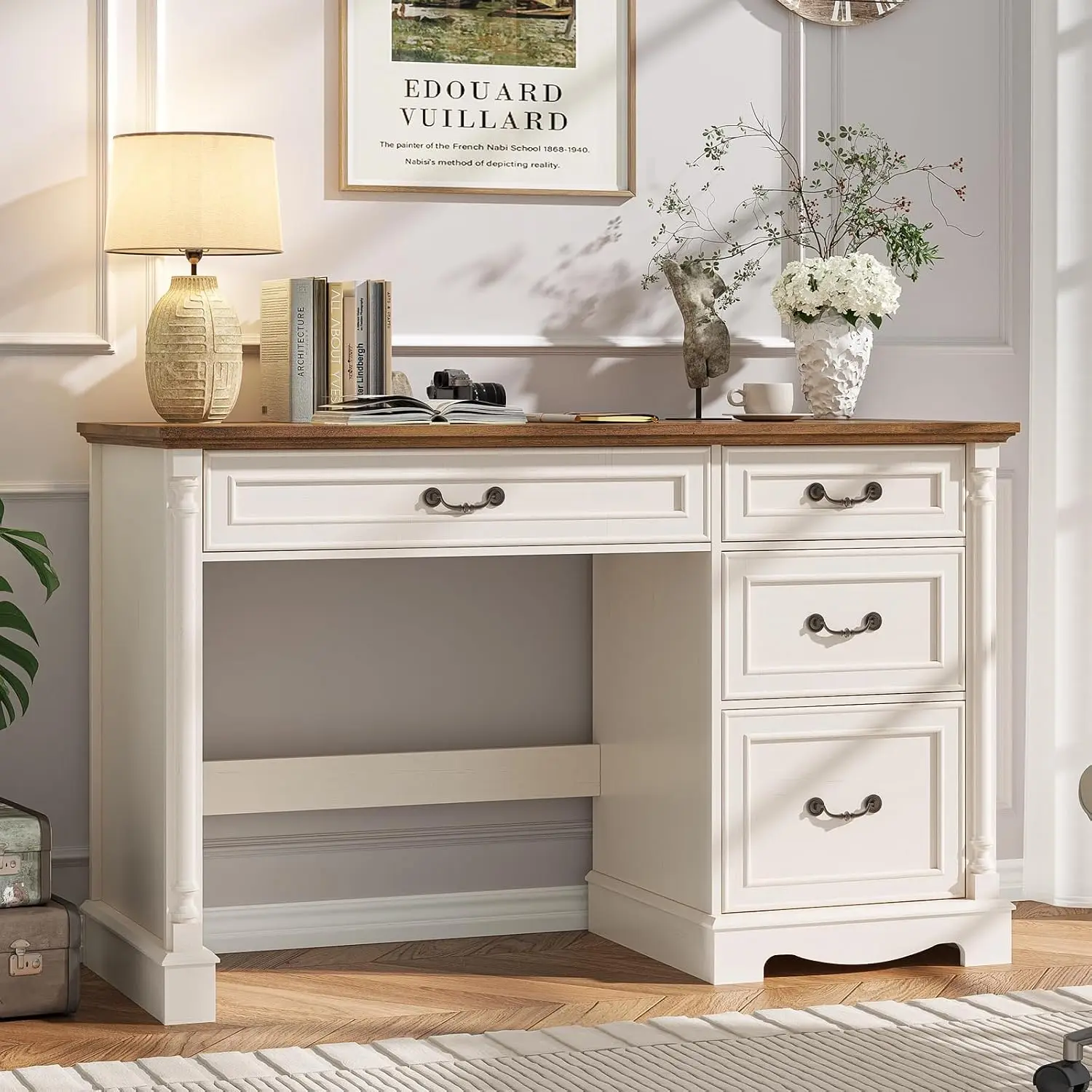 Roman Style Executive Desk with 4 File Drawers & Column Design for Home Office Study Writing 47