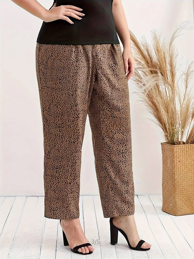 GIBSIE Plus Size Leopard Print Belted Pants Damskie spodnie z wysokim stanem i szerokimi nogawkami Luźne spodnie damskie w stylu ulicznym