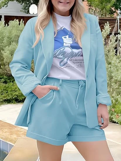 Customized Elegant Women's Set 2 Pieces Suit Jacket and Pants Set Open Front Long Sleeve Blazer and Solid Shorts