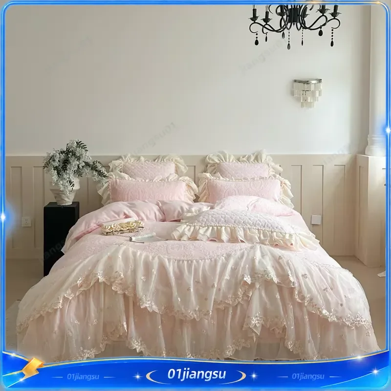 4Pcs French Princess Style Carved Velvet Bedding Set Double Layer Lace Duvet Cover Flat Fitted Sheet Pillowcases Warm Winter