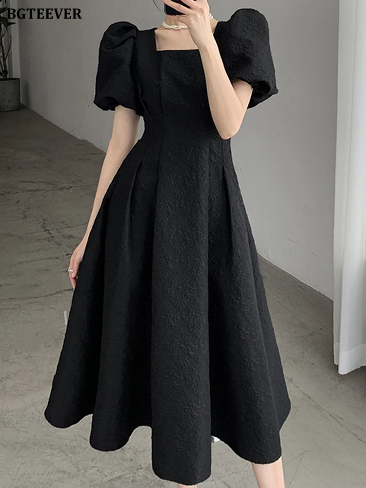 

BGTEEVER Elegant Square Collar Ladies Mid-Length Dress Vintage Puff Short Sleeve A-line Dress for Women Spring Summer Vestidos