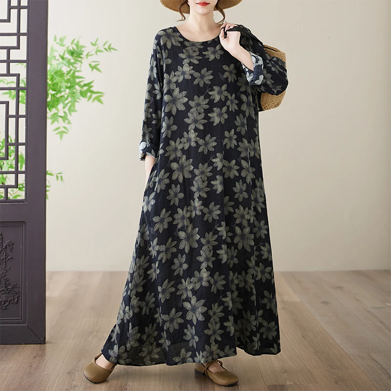 

High-End Anti-Aging Cotton Linen Print round Neck Loose plus Size Long Sleeve plus MM Extra Large Vacation Dress