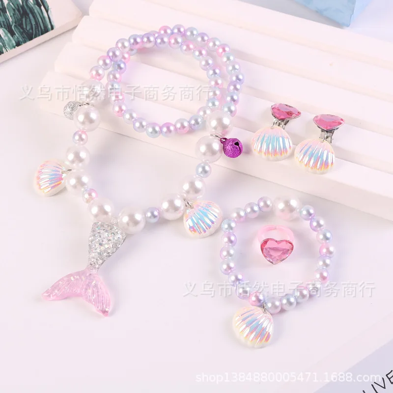 5pcs Baby Girls Beads Necklace Set Fashion Mermaid Tail Pendant Child Kids Adjustable Lovely Necklace Charm Chunky Jewelry Gift