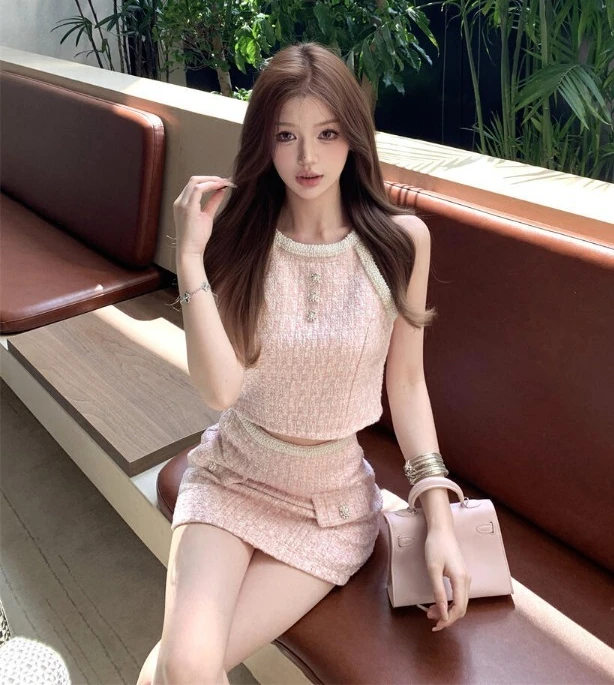 

Elegant Sweet Slim Fit Sleeveless Pink Vest for Women+ High Waist Bodycon A-line Skirts 2025 Summer New Two Piece Sets
