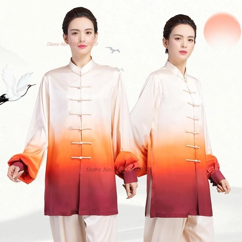 

2024 chinese kung fu tai chi clothing martial arts tops+pants set gradient color tai chi wushu wing chun exercise performance