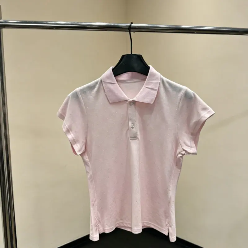 Women's Preppy Cherry Blossom Pink Polo Shirt Short Sleeve Rhinestone Decorated Casual Tee Top