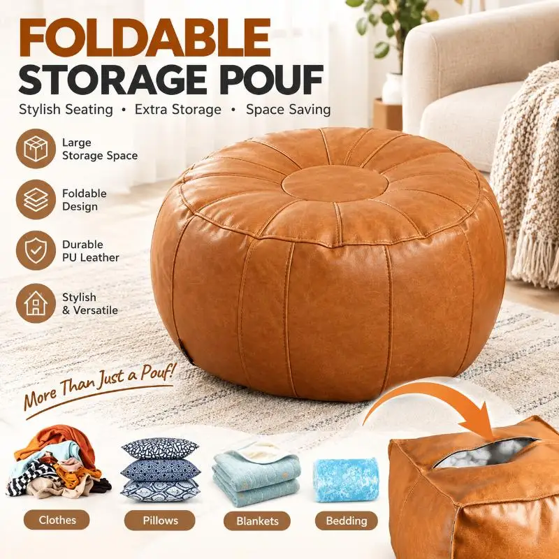 Foldable Round PU Leather Storage Pouf Ottoman Footrest With Large Storage Capacity Multifunctional Seat For Bedroom Home Decor