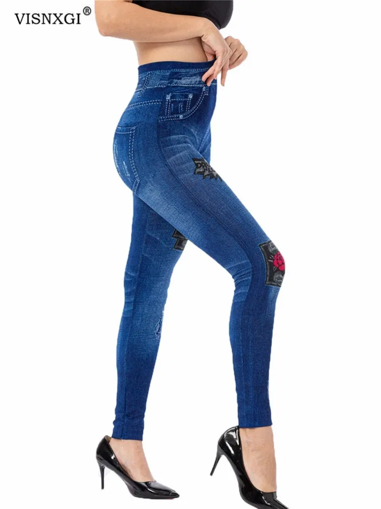 VISNXGI-Leggings sem costura faux denim para mulheres, calças esportivas impressas, leggins de cintura alta, ginástica elástica, calças push up, moda feminina