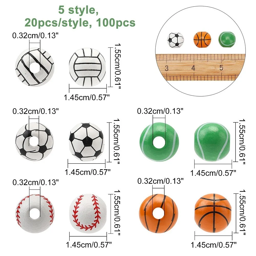 1봉지 100개 5가지 스타일 나무 구슬 염색된 원형 스포츠 테마 패턴 15.5x14.5mm 구멍: 3.2mm 20개/스타일