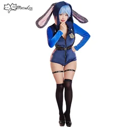 MEOWCOS Kawaii Bodycon Romper Pajama Bunny Officer Long Sleeve Zipper Bodycon Jumpsuit Sleepwear with Choker Belt and Tail