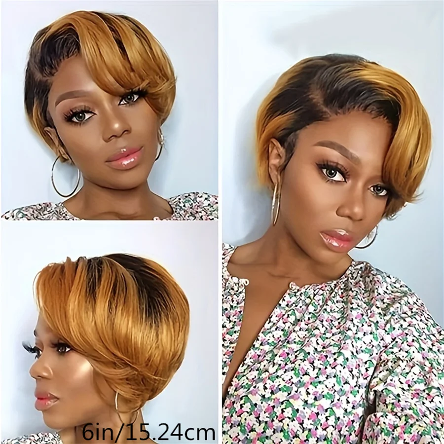 13x1 T part lace 6inch short curly human hair wigs for women 1b30 color pixie cut daily party use 150% density remy hair wig