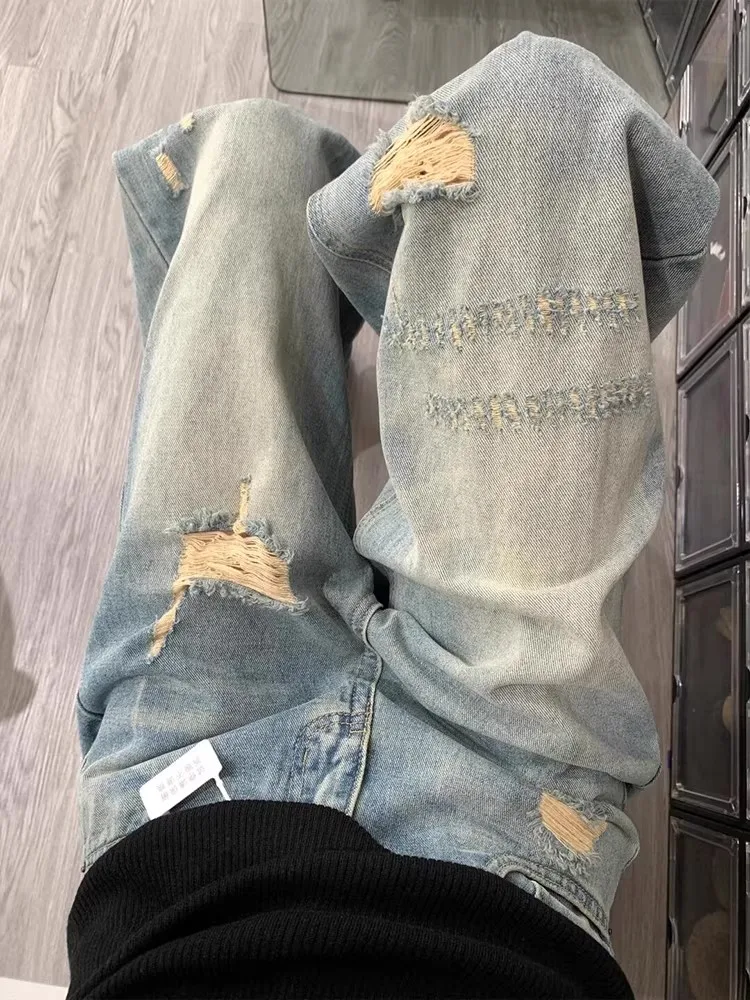 

American Style Ripped Denim Jeans Women's High Waist Wide Leg Long Pants Spring New plus Size Pear Shape Slimming Loose Fit