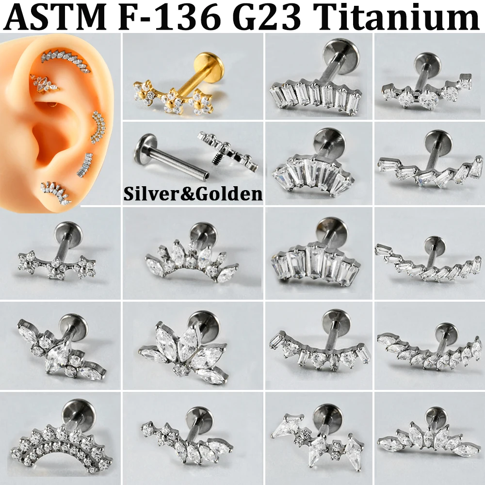 1PC G23 Solid Titanium Curved Zirconia Ear Cartilage Tragus Earring 16g Internal Threaded CZ Paved Moon Labret Daith Decoration