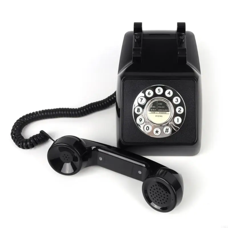 CORA Black Nostalgic Telephone with Round Keypad and Coiled Handset Cord Phone