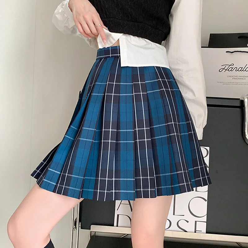Harajuku Preppy Style Jk Skirts Women Vintage High Waist Pocket A-Line Pleated Skirt Sweet Cute School Students Blue Plaid Skirt
