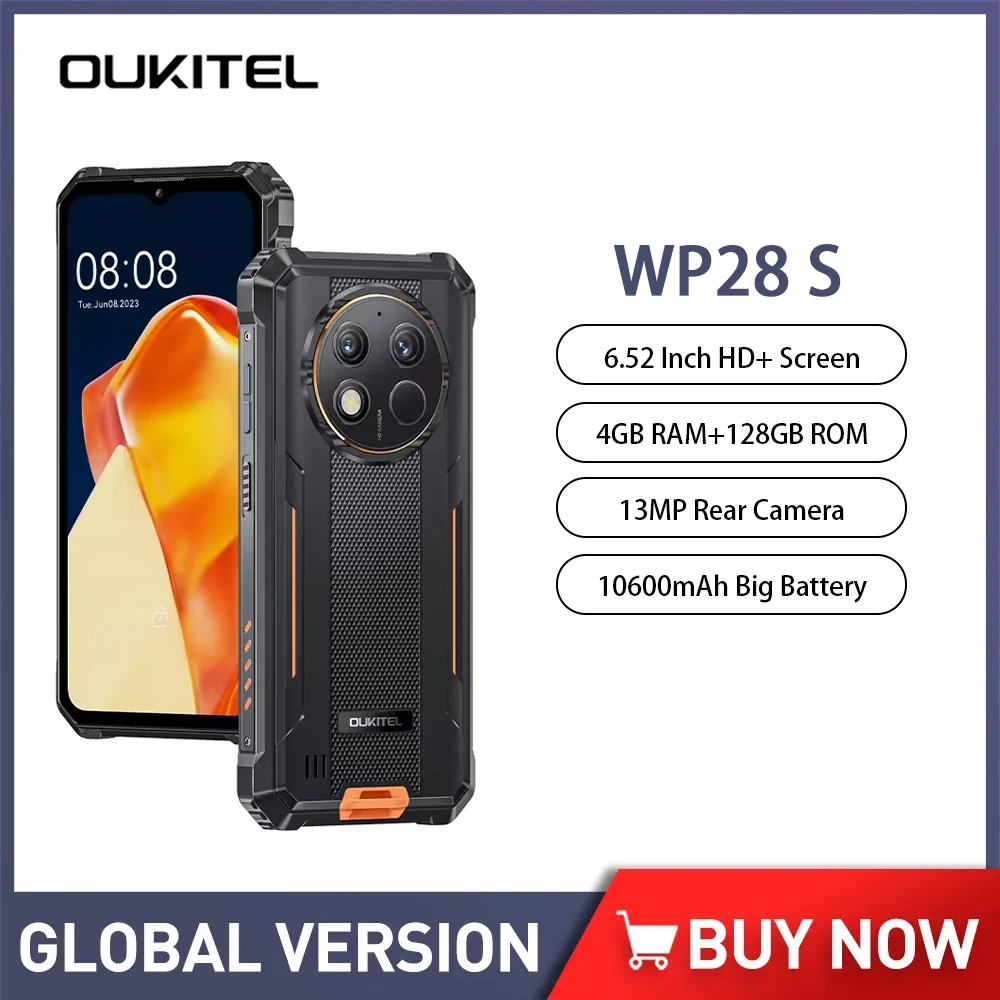 頑丈なOukitel-WP28Sスマートフォン,グローバルバージョン,4G,6.52インチ,HD,4GB RAM,128GB ROM,10600mAh, 13MPカメラ