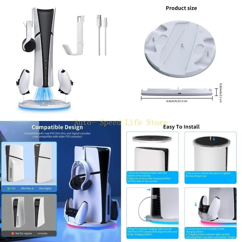 

02DA Gaming Accessories Host Stand Vertical Stand for Slim Controller Charging Station Base with RGB Light Headset Hook