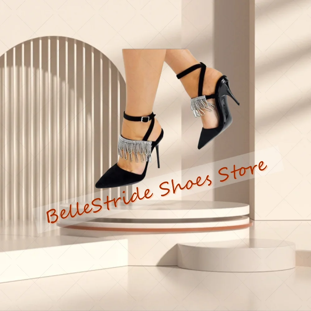 블랙 크리스탈 태슬 포인티드 토 부츠 버클 스트랩 여성 신발 얇은 하이힐 파티 연회 데이트 2025 여성용 신발