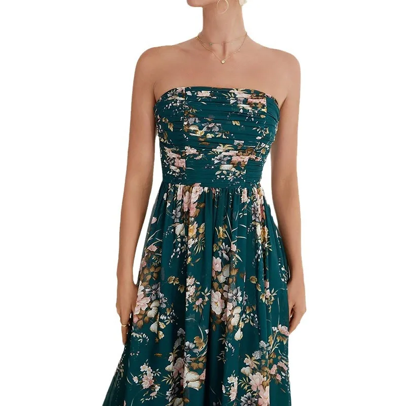 カジュアルな休日の花柄プリント、女性用ラウンドネックシルクイブニングガウン、ミッドウエストストレートフィット、ファッショナブルなパーティウェア