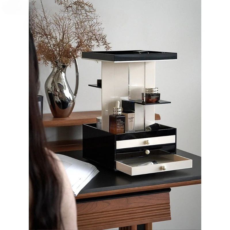 Rotating Multifunctional Cosmetics Storage Box, Desktop Acrylic Skin Care Products Dresser Perfume Drawer Shelf