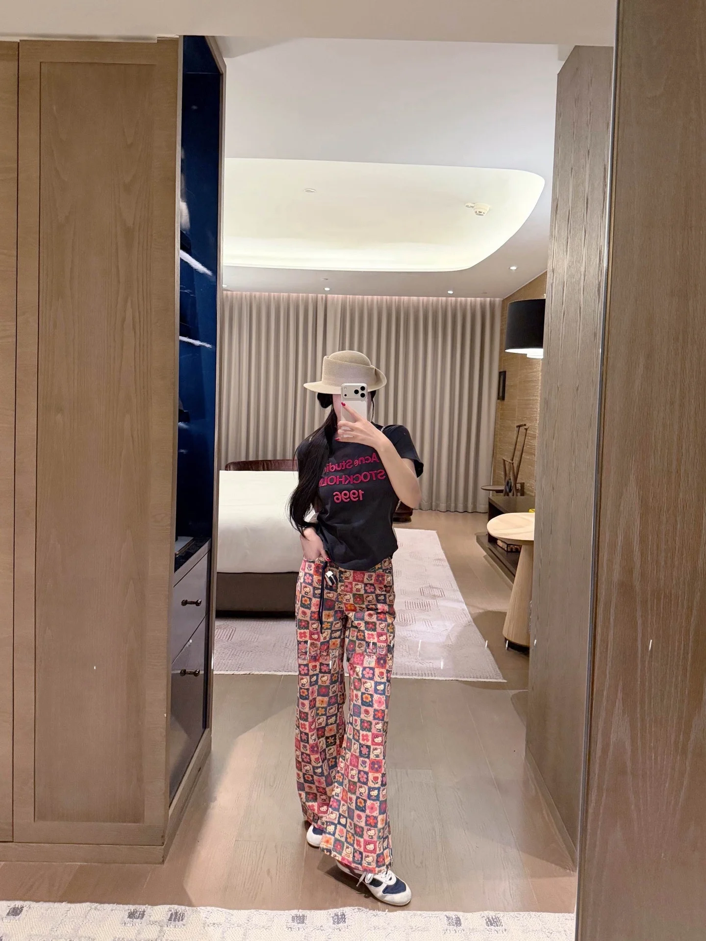 Summer High Waist Narrow Wide Leg Pants  Checkboard Kitty  Straight Leg Trousers Korean Sweet Style Women's Jeans
