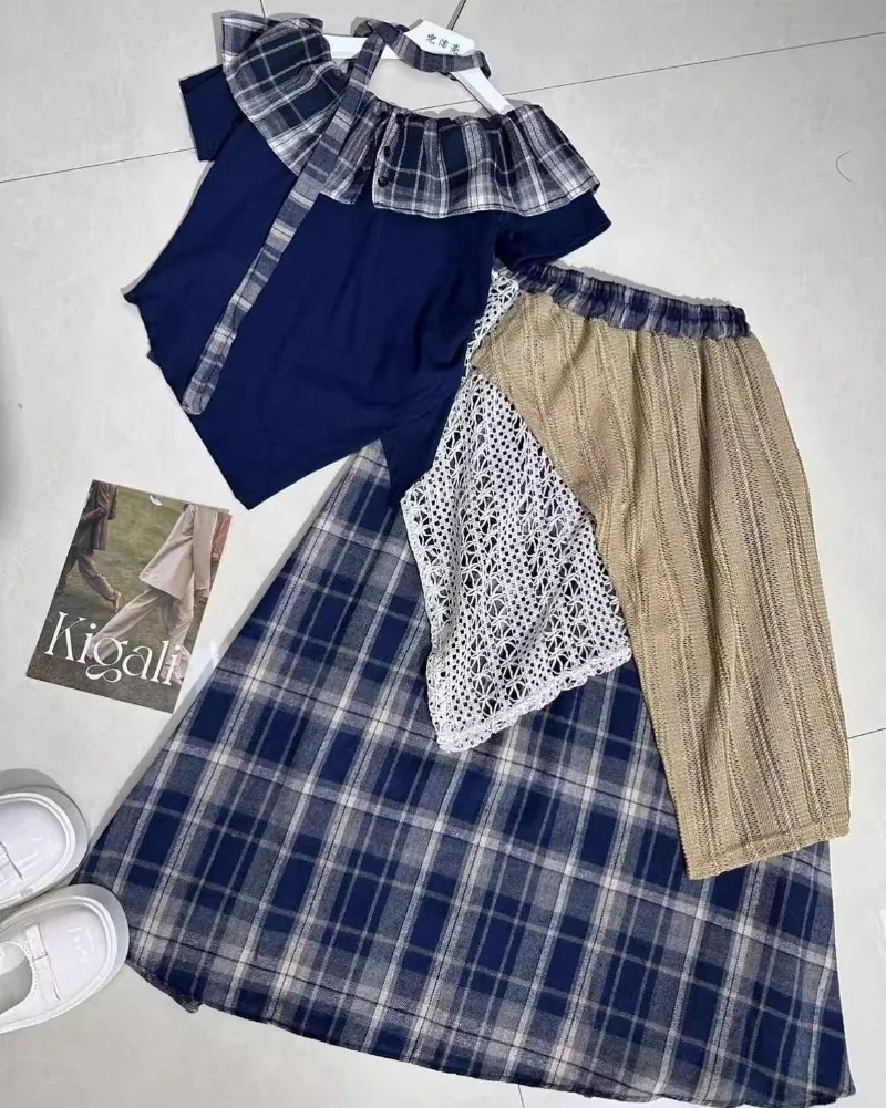 

Boho Retro Slash Neck Checkered Short Sleeved Set for Female Students Summer New Irregular Lace Skirt Womens Two Peice Sets