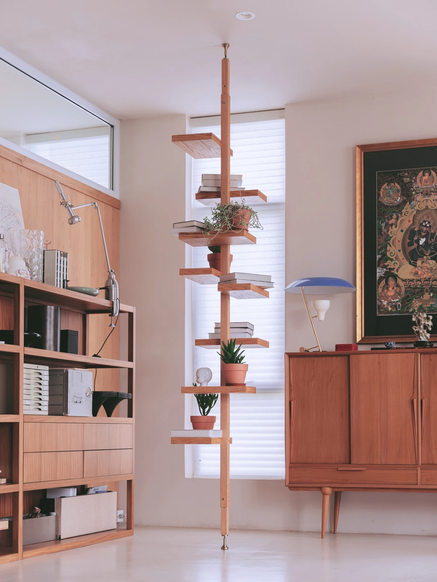 Modern simple home multi-layer solid wood bookshelf, living room narrow corner storage rack, metal veneer decorative rack