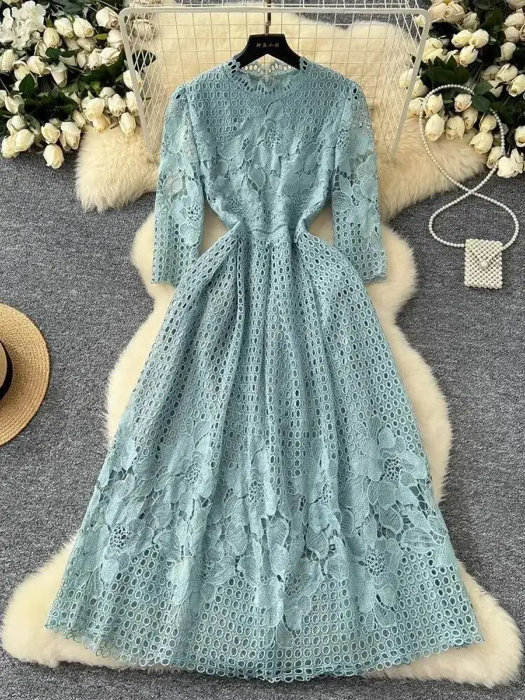 Autumn Elegant Flower Embroidery Lace Long Dress Summer Women Half Sleeve Midi Robe Hollow Out Wedding Party Evening Vestidos
