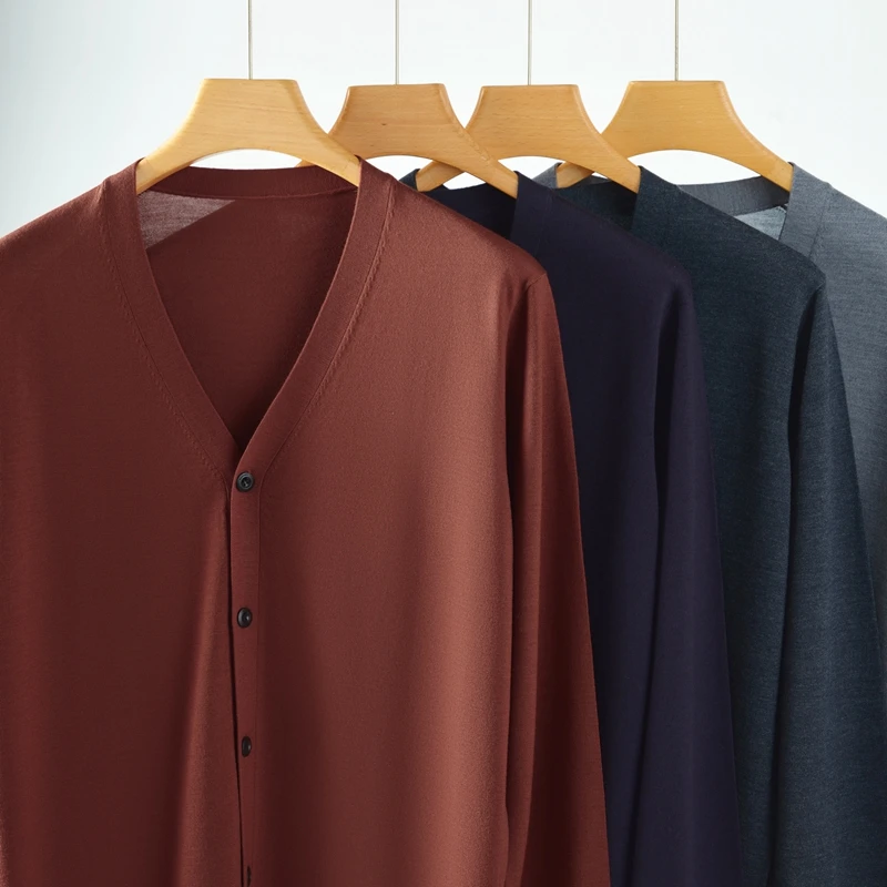 

Весенне-летний новый тонкий кардиган из 100% чистой тонкопряденой шерсти для мужчин, свитер с V-образным вырезом, деловой трикотаж, свободная куртка