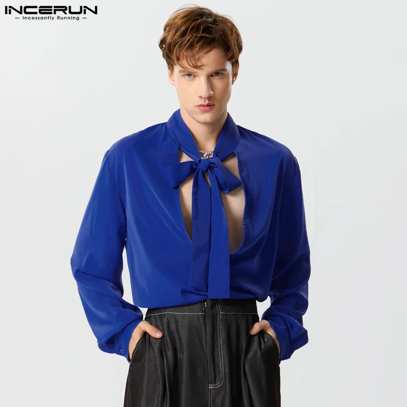 INCERUN Tops 2023 American Style Men\'s Ribbon Deep V Design Shirts Fashion Leisure Male Bright Fabric Long Sleeved Blouse S-5XL