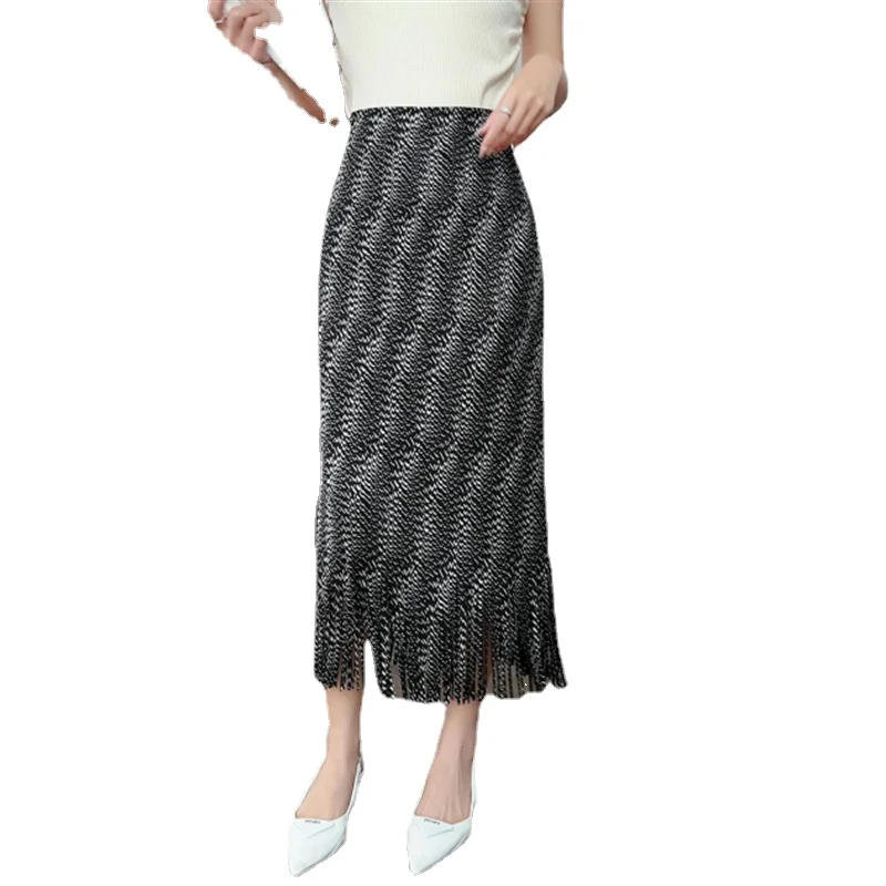 Miyake Hot Stamping Fringed Pleated Elegant Skirt for Women with Elastic Waist Printed Mid-length High-end Versatile Skirt 2024