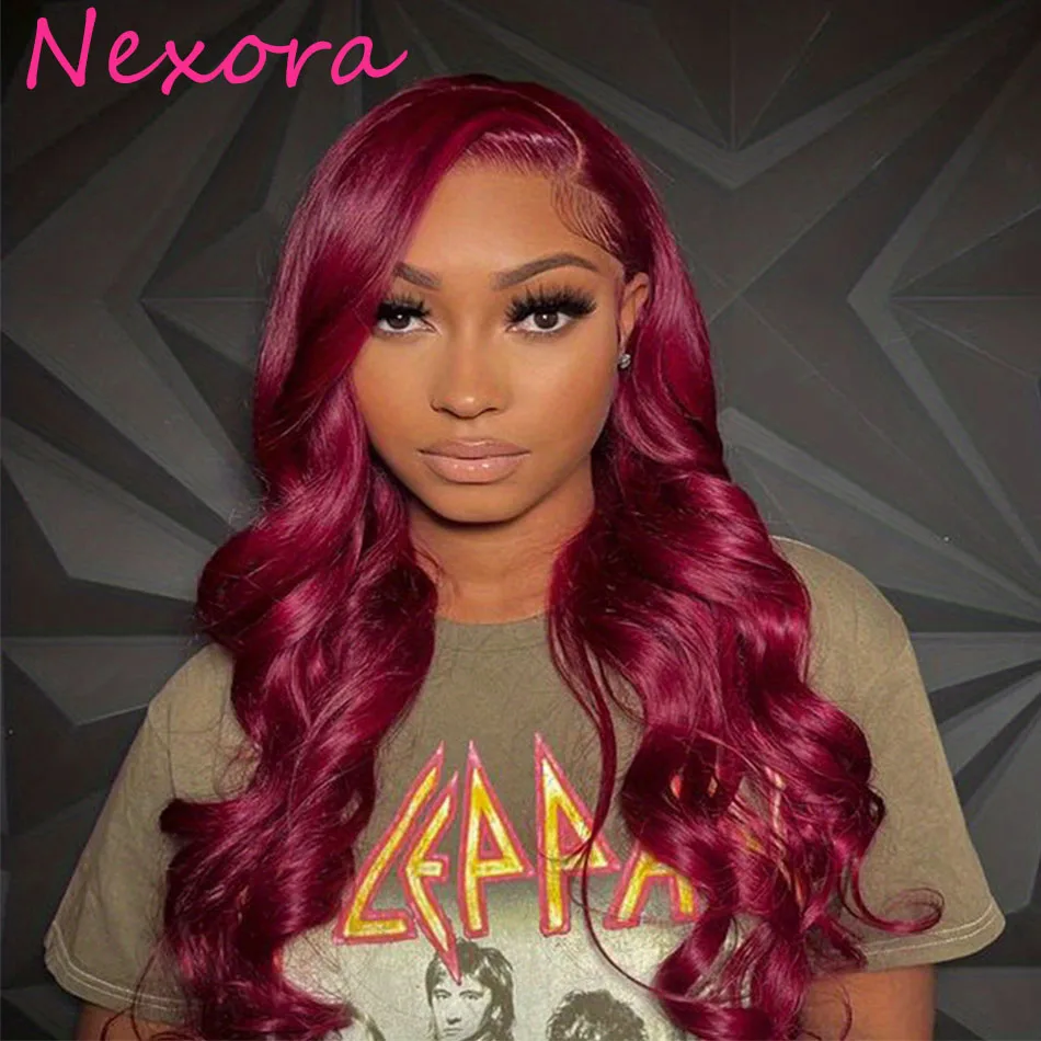 

Nexora 32 Inch 13x4 13x6 Lace Frontal Human Hair Wig 99J Burgundy Body Wave Pre Plucked With Baby Hair Natural Color Soft Silky
