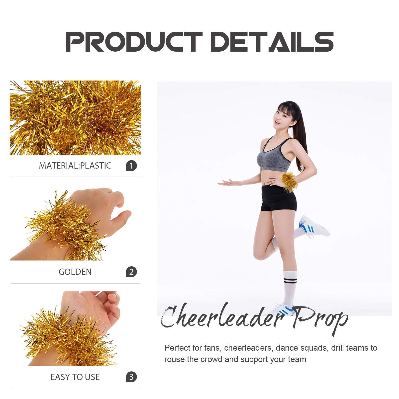 

10pcs Gold Pom Poms Cheerleading Wristbands Bright Colors Durable Sports Meeting Prop Lightweight Plastic Team Accessories