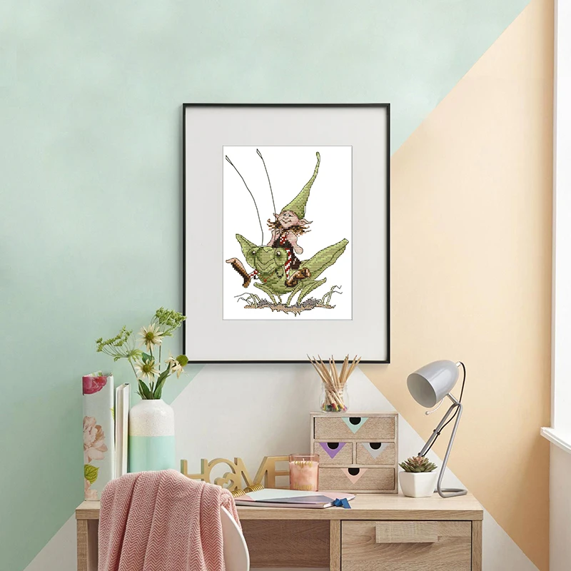 Joy Sunday Kits de Bordado de Punto de Cruz con Diseño de Elfo Saltamontes, Tela Estampada 11CT 14CT, Sets de Decoración para el Hogar