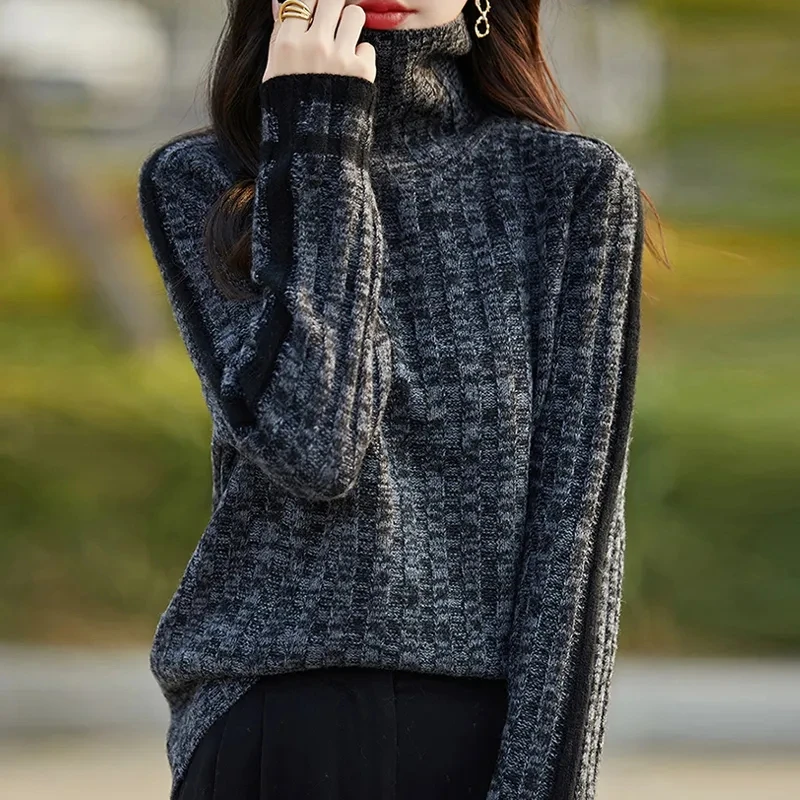 Pile pile collar yarn color blocked Knitted Sweater, for Women's, Autumn Winter Pullovers, new high neck Jersey Tops