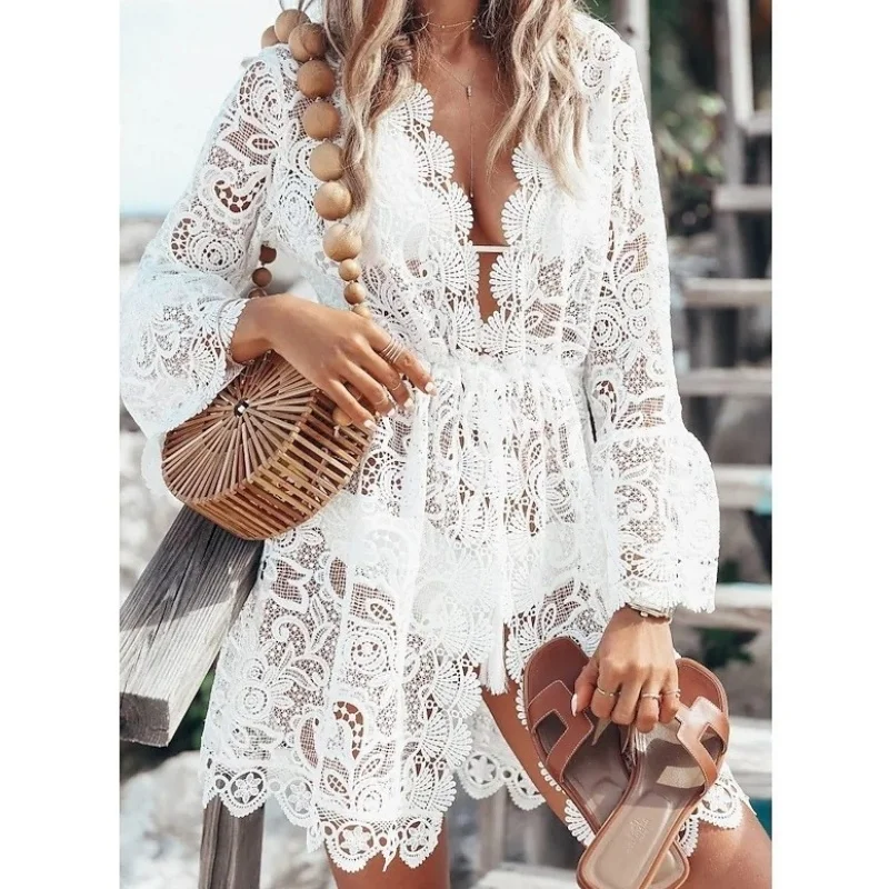 Encaje transparente Bikini cubrir mujer Sexy cuello en V ahuecado manga acampanada vestido Vintage 2025 señora nueva vacaciones playa cubrir Ups