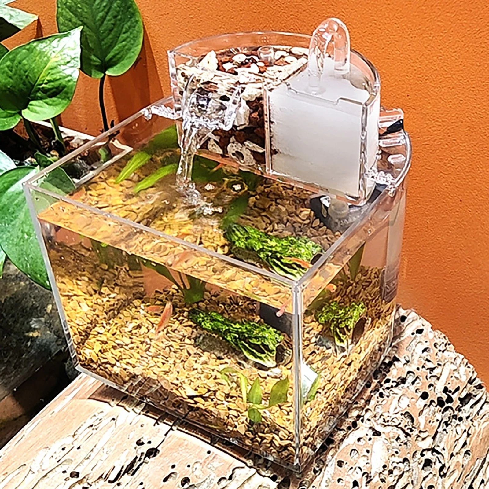 Mini Acrylic Aquarium Transparent Fish Keeper Fishbowl Portable Desktop Fish Tank Betta Tropical Fish Quiet Pump Filter Cotton