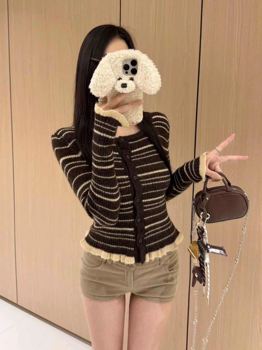 

Женский облегающий вязаный длинный кардиган све, сладкий и пряный цвет, полосатый дизайн, модный топ с кружевной отделкой на осень