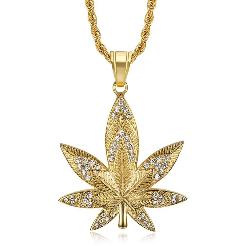 Hip Hop Bling Iced Out Gold Silver Color Stainless Steel Maple Leave Pendants Necklace for Men Rapper jewelry Gold Silver Color