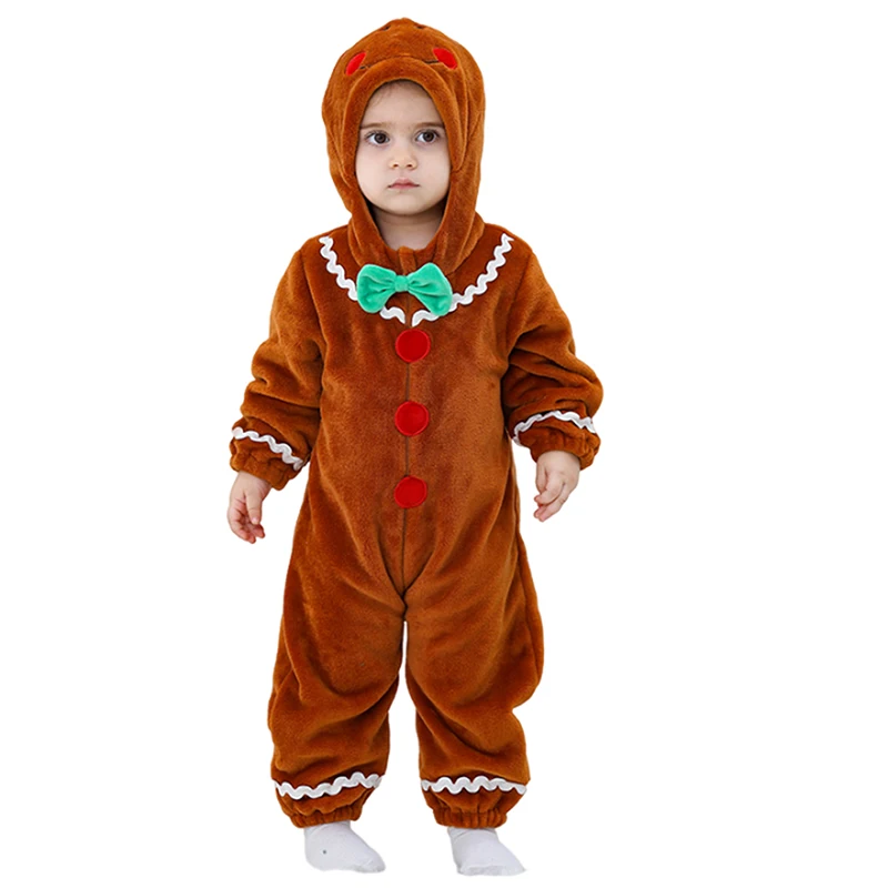 Baby Gingerbread Costume Long Sleeve Embroidery Plush Hooded Romper Newborn Christmas Jumpsuit