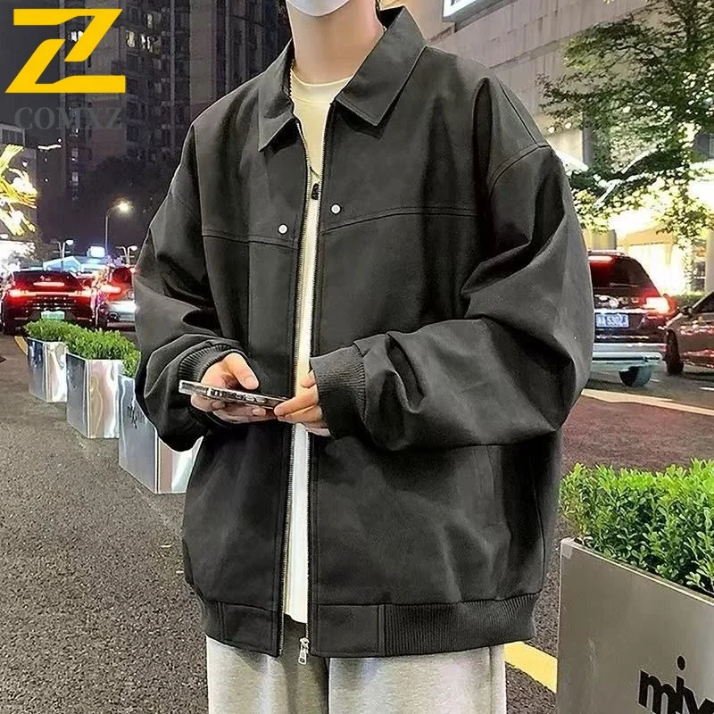 COMXZ الرجال بولي Leather سترة جلدية عادية الوقوف طوق التخييم يندبروف دراجة نارية معطف جلد المشي لمسافات طويلة خفيفة الوزن الخريف الملابس #1