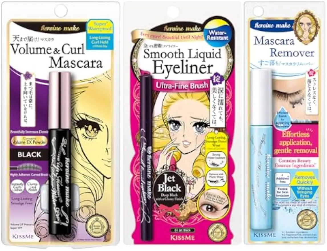 볼륨감, 길이감, 번짐 없는 룩을 위한 방수 마스카라 & 아이라이너 세트(커브형 브러쉬 및 리무버 포함)